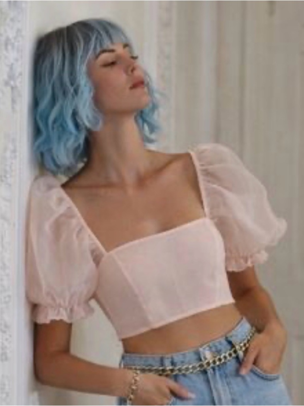 NWT SELKIE The Puff Crop Sheer Puff-Sleeve Square Neck Crop Top size XS pink